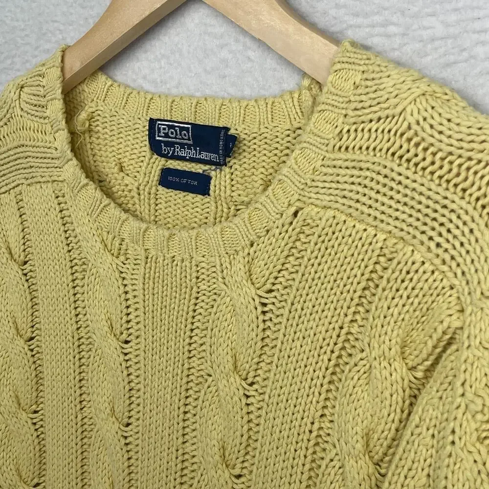 POLO RALPH LAUREN Sweater Mens L Cable Jumper Pullover Cotton Yellow HK VTG